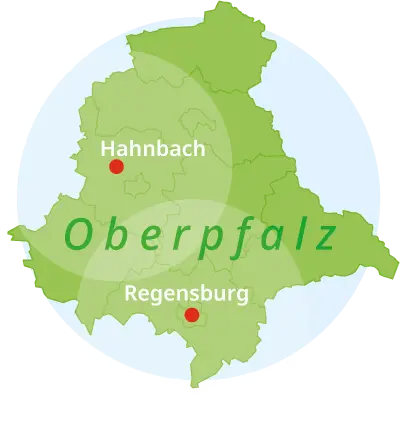 Map of Upper Palatinate Cleaning company Hahnbach Regensburg Amberg Map of the Upper Palatinate showing the locations of the Saubermacher cleaning company in Hahnbach and Regensburg